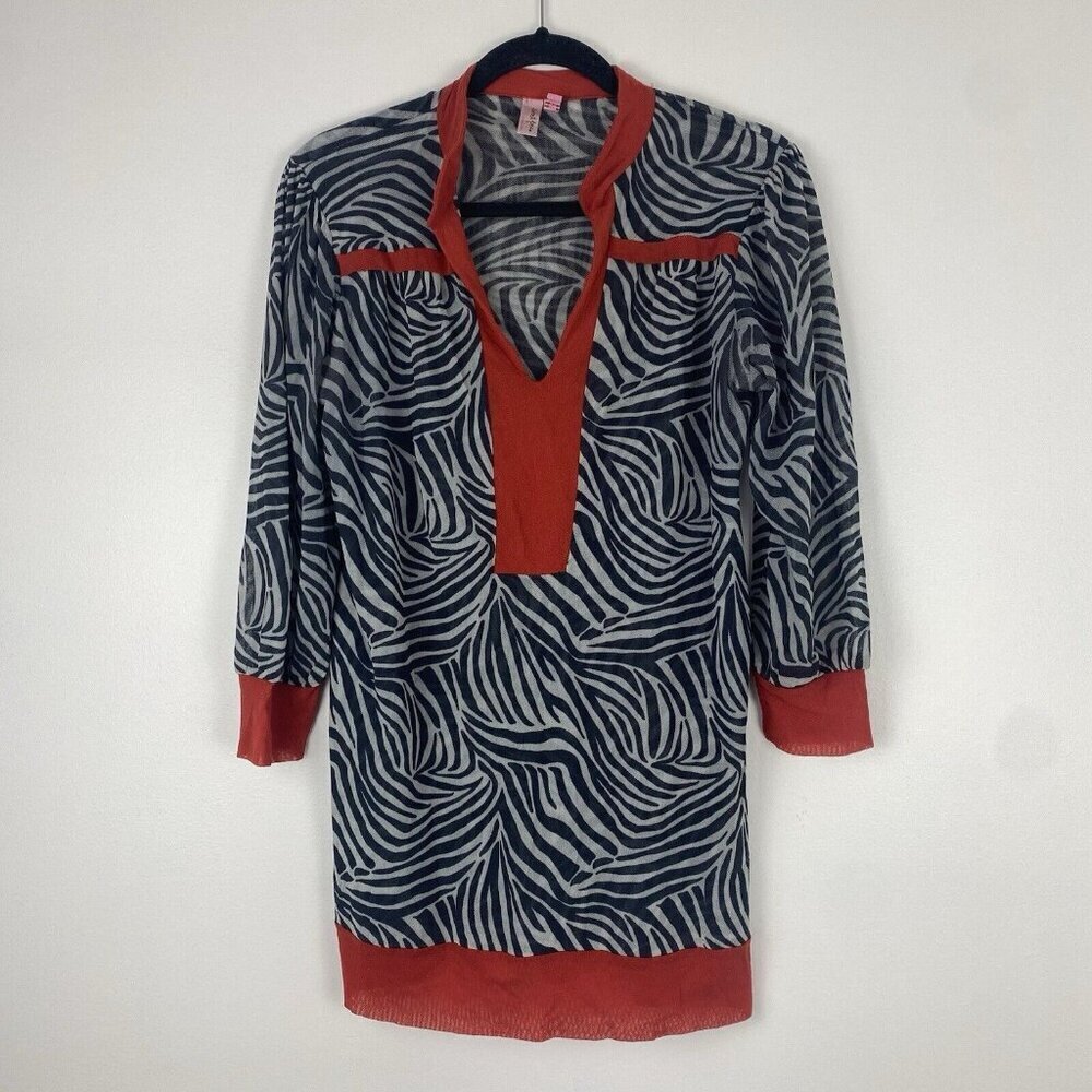 Sweet Pea by Stacy Frati Women's Zebra Print Tunic Size L Red Trim Mesh